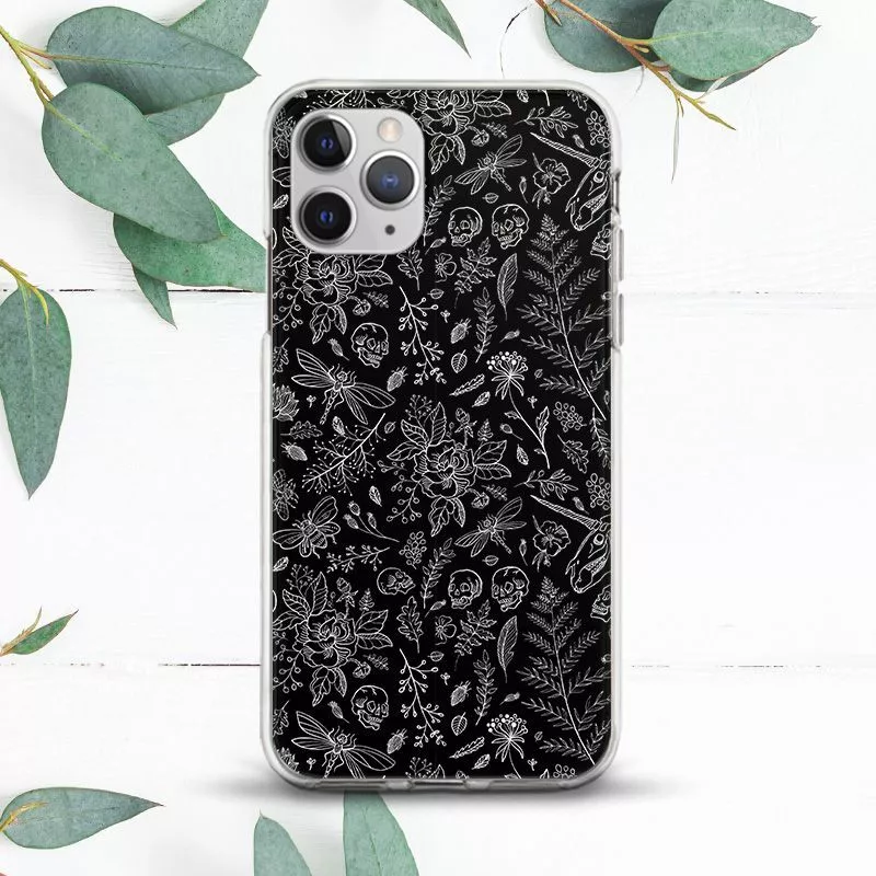 Gothic Floral Skull Line Art Black Case For iPhone 8 X SE 11 12 13 14 15 Pro Max