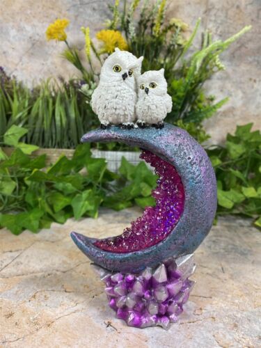 Twin Owls Resting on Crescent Moon Sculpture Resin Art with LED Light Fantasy - Picture 1 of 5