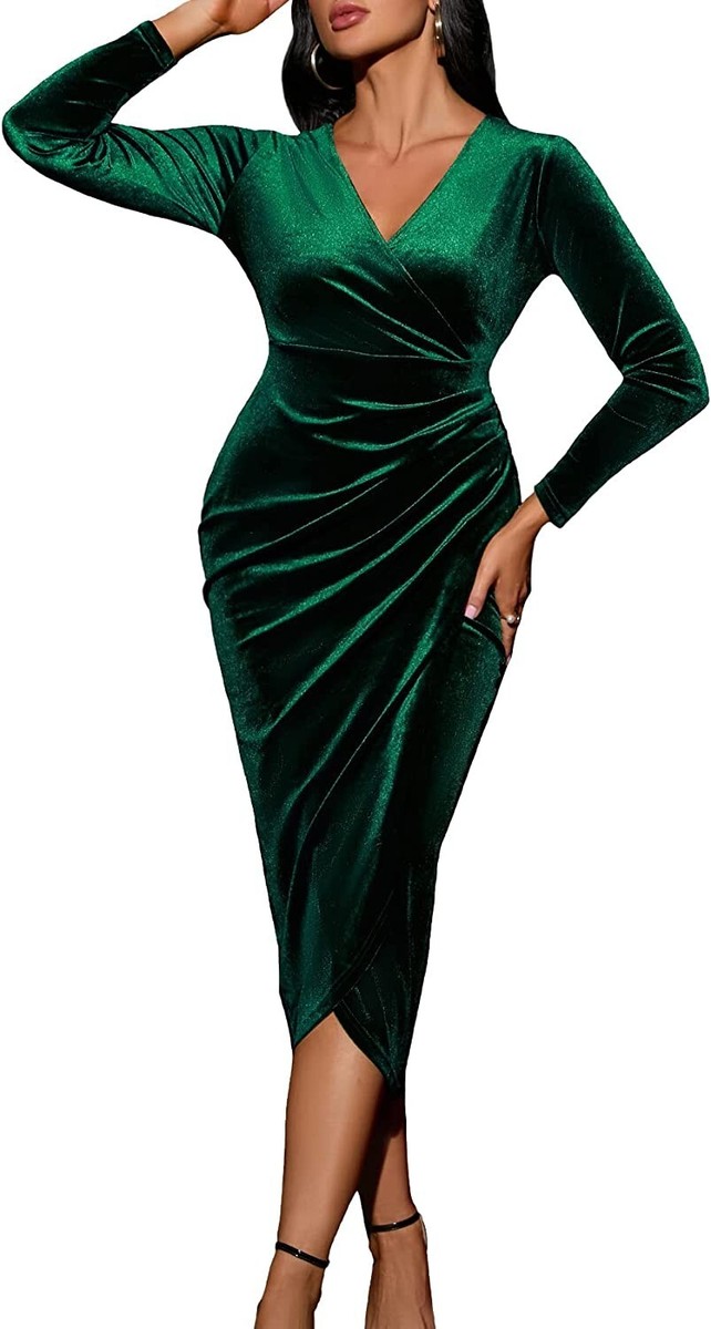 HUHOT Green Velvet Wrap Dress V Neck Long Sleeves Large Cocktail Party Dress  New | eBay