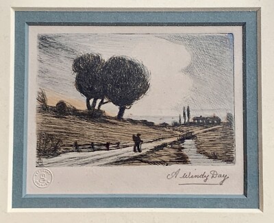  A Windy Day  Framed & Double Matted Antique Dry Point Etching Of Winter Scene