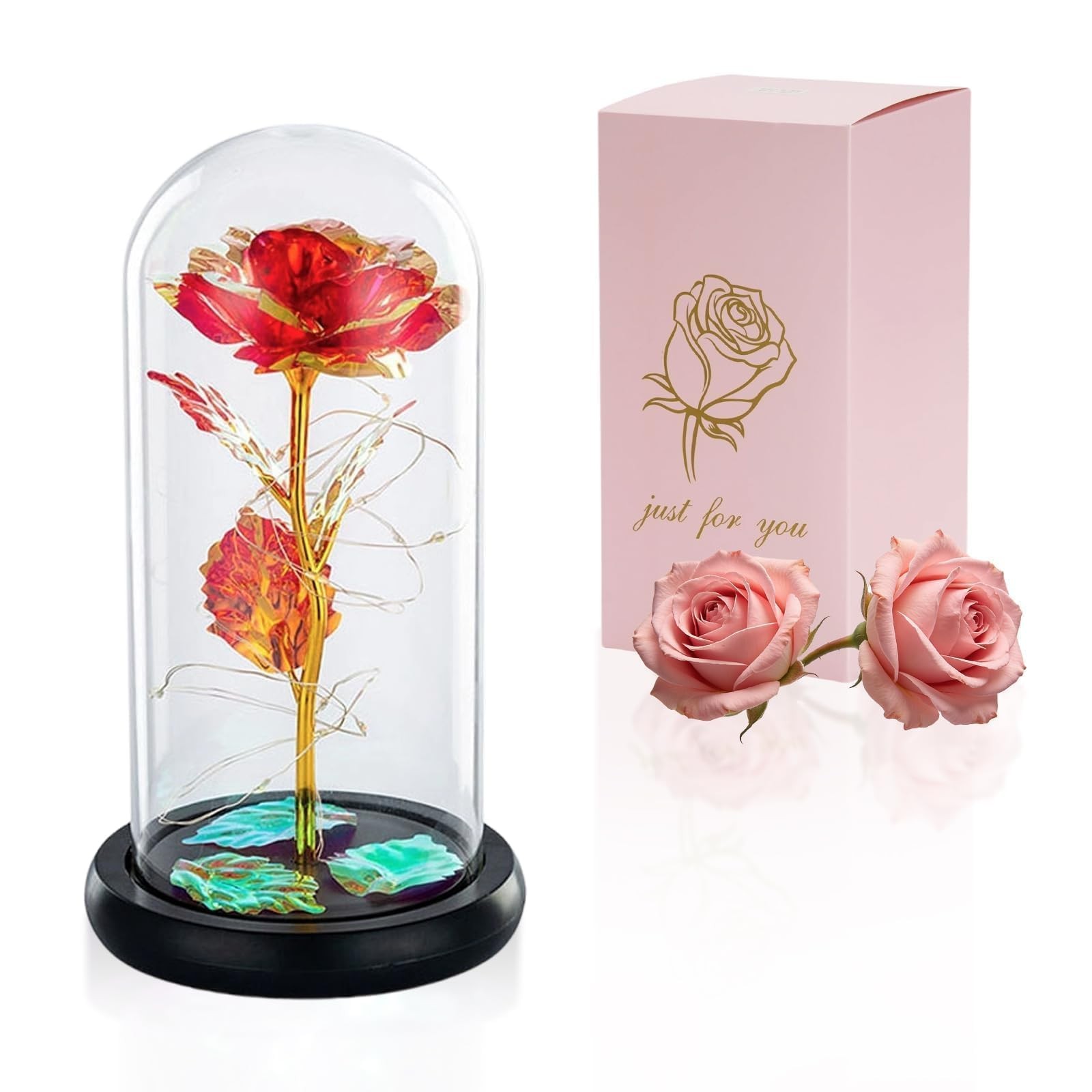 Rose en cristal dôme en verre de haute clarté et socle en bois