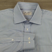 Ben Silver Dress Shirt Men's 17-34 Blue Striped Cotton Long Sleeve Made Canada