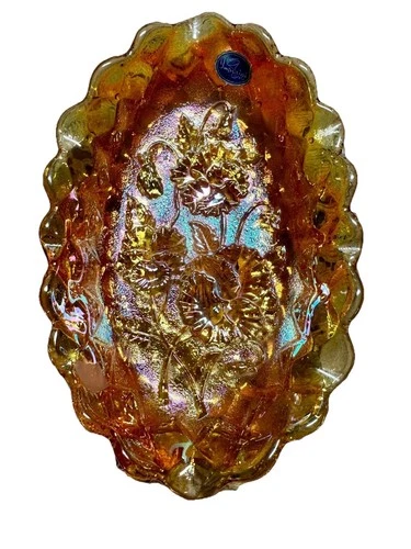 VTG Imperial Glass Poppy Marigold Carnival Glass Ruffled bowl-IG Mark & Sticker