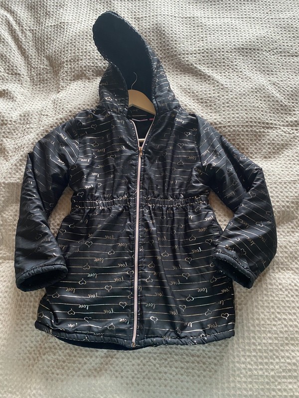 Penelope Mack Girl Jacket Black Hearts Hood Fleece Lined Water Resist  Size 10