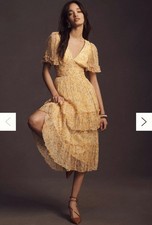 BHLDN Naomi Floral Ruffled Chiffon Midi Dress Sz S Orange Romantic Tiered