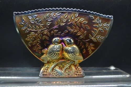 Vintage Fenton Black Amethyst Carnival Glass Love-Birds Vase