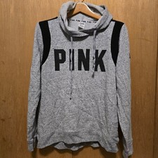 PINK Victoria's Secret Hoodie Women Medium Grey Black Logo Pullover Cowl Neck