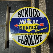 SUNOCO NU-BLUE FLANGE 2-SIDED PORCELAIN ENAMEL SIGN 17.5 X 17 INCHES