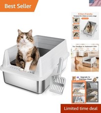 Modern Open Top Cat Litter Box - Stainless Steel Design with Easy Access  Scoop