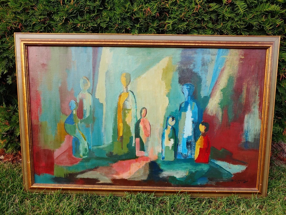 The Stage - Dawn Schneiter - Large Abstract Oil Painting MCM - 1969 Canada - Image 2 of 4