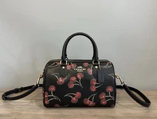 COACH CCZ15 Rowan Satchel Bag in Leather with Cherry Print Black Multi
