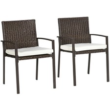 Outsunny 2-Pc PE Rattan Patio Dining Chairs w/ Cushions, Cream White