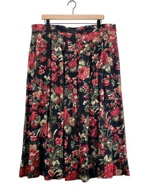 Vtg Koret Skirt Floral Midi 22W Black Red Rose Pleated A-Line Career Wear 80/90s