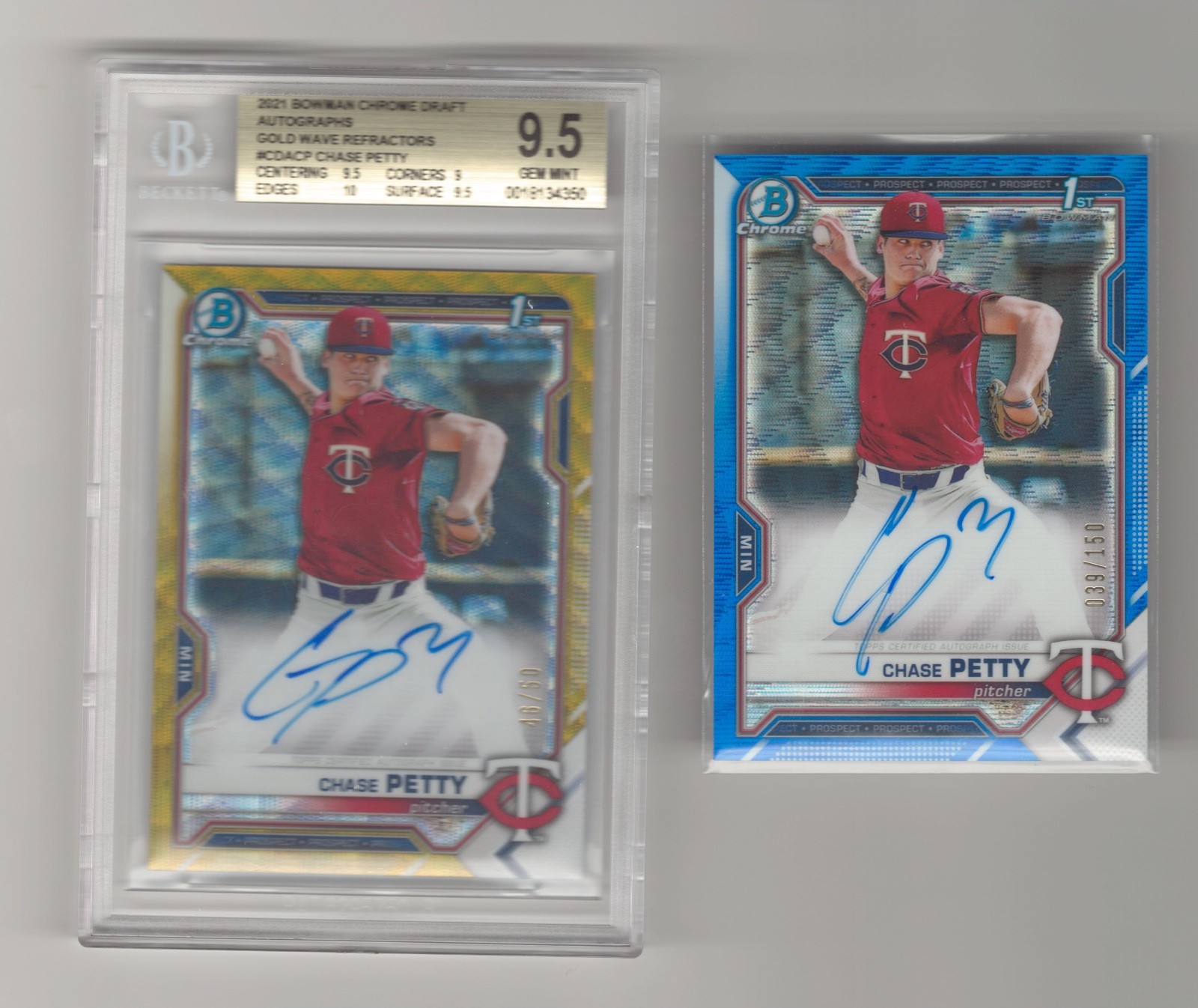 (2) 2021 Bowman Chrome Draft Chase Petty Gold Wave Auto BGS 9.5 GEM + Blue Wave