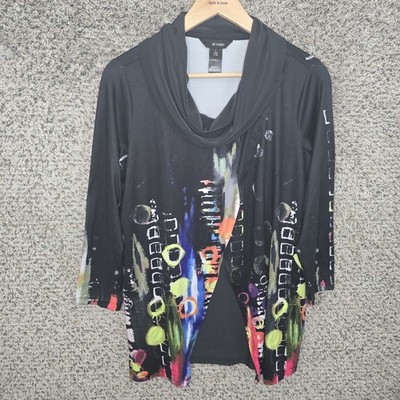 Ali Miles Top Womens Small Black Cowl Neck Tunic Printed Wearable Art Ladies