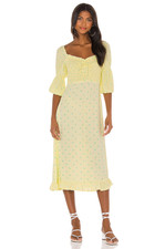 Faithfull The Brand Nora Dress Small Yellow Floral Smocked Puff Sleeve Midi