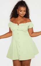 Plus Sage Green Button Front Puff Sleeve Shift Dress Size 18