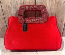 Vintage Red Satin Evening Bag Beaded Top Handle Clutch Cocktail Wedding Purse