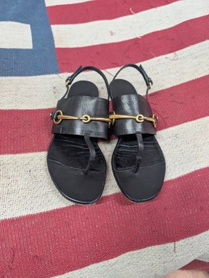 Gucci Black Leather Horsebit Ankle Strap flats Sandals Size 37 US 7 Made Italy