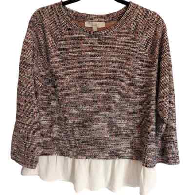 LOFT NEW Multicolor Tweed Cream Shirt-Tail Layered Look 3/4 Sleeve Top Medium