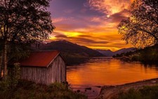 Landscape nature boathouses lake sunset norway trees Custom Gaming Mat Desk