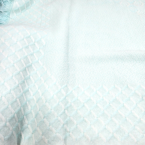 VINTAGE INFANT KNIT SHAWL BABY BLANKET TURQUOISE WHITE DIAMOND FRINGE 40" x 40" - Picture 4 of 4