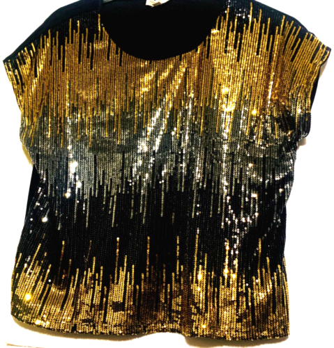 Gold Silver Sequins Top Sheer Black Back Cap Sleeve Crew Neck Formal Sparkly M