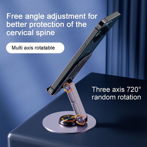Foldable Cell Phone Stand 360 Rotating Aluminum Metal Tablets Desk Phone Holder - Photo 8 sur 14