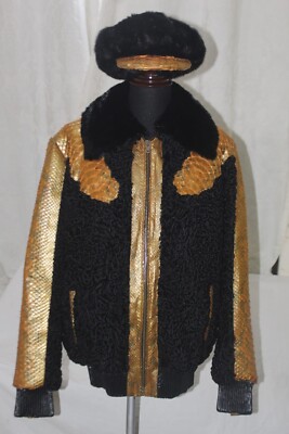 Men's Black Persian Lamb Fur Bomber Jacket Golden Python Trim & Hat All Sizes