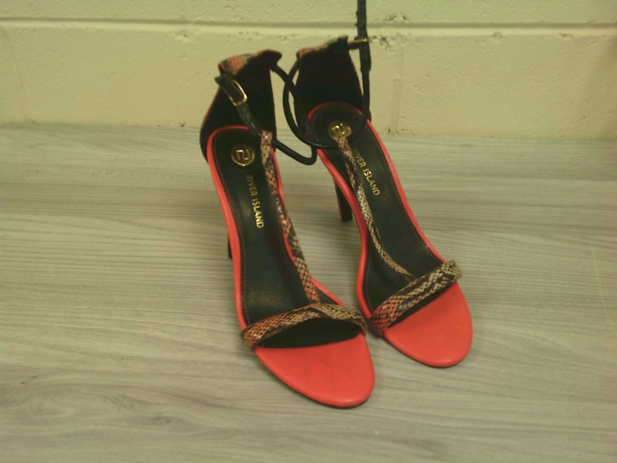 RIVER ISLAND ORANGE/BLACK SNAKESKIN HEELED SANDALS SIZE GOOD