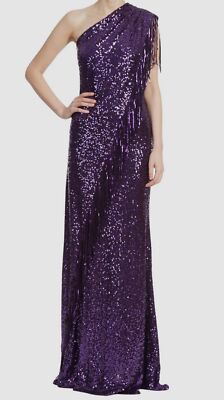 badgley mischka fringed sequin one-shoulder dress $993 Badgley Mischka Womens Purple Sequin One-Shoulder Fringed Gown Dress  Size 4