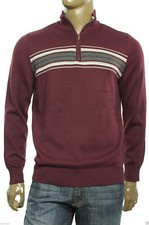 New Mens John Ashford Half Zip Chest Stripe Red Plum Cotton Pullover Sweater M