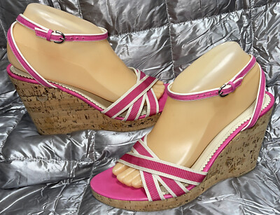 COACH WOMENS WEDGE SANDALS MULTICOLOR PINK ANKLE STRAP SIZE