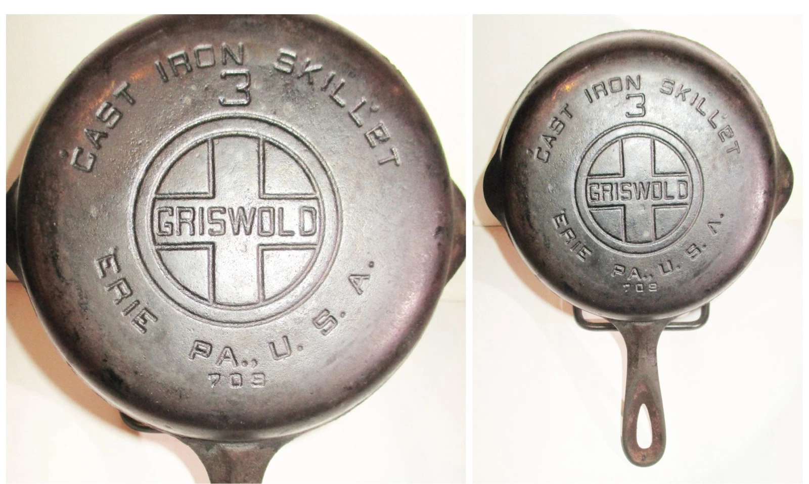 Griswold #3 Cast Iron Skillet 709 Large Block Logo Sits Flat