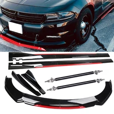 Front Bumper Lip Splitter + Side Skirt Glossy Black +Red For Dodge Charger