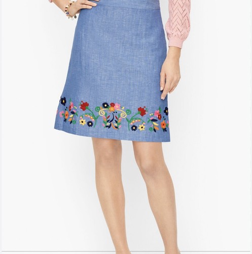 Talbots Embroidered Linen A-Line Skirt Chambray Lined Womens Size 6 Linen Floral