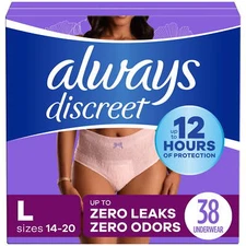 Always Discreet Adult Incontinence Underwear for Women, Size L, 38 CT Zero Odor
