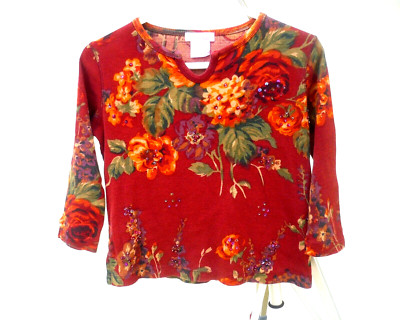 NECTAR RIBBED FLORAL CROP TOP KNIT RIB SHIRT M S STRETCH BURGUNDY SPRING FALL
