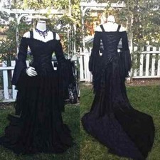 Gothic black wedding dress lace tight corset long sleeved retro medieval dress