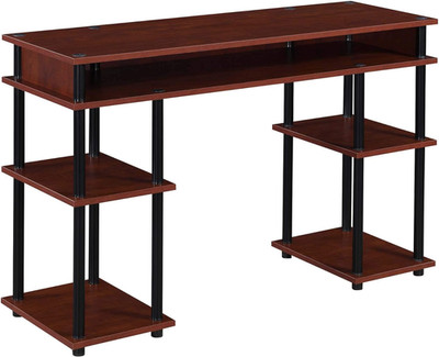 Stylish No Tools Home Office Desk with Shelves - Cherry/Black Finish
