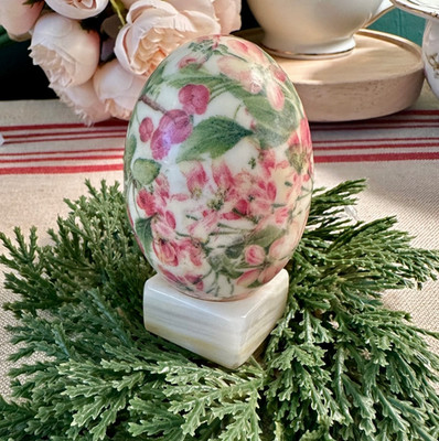 Floral Egg  w/ Carved White Onyx Stand - French Cottage Chintz for Easter Decor