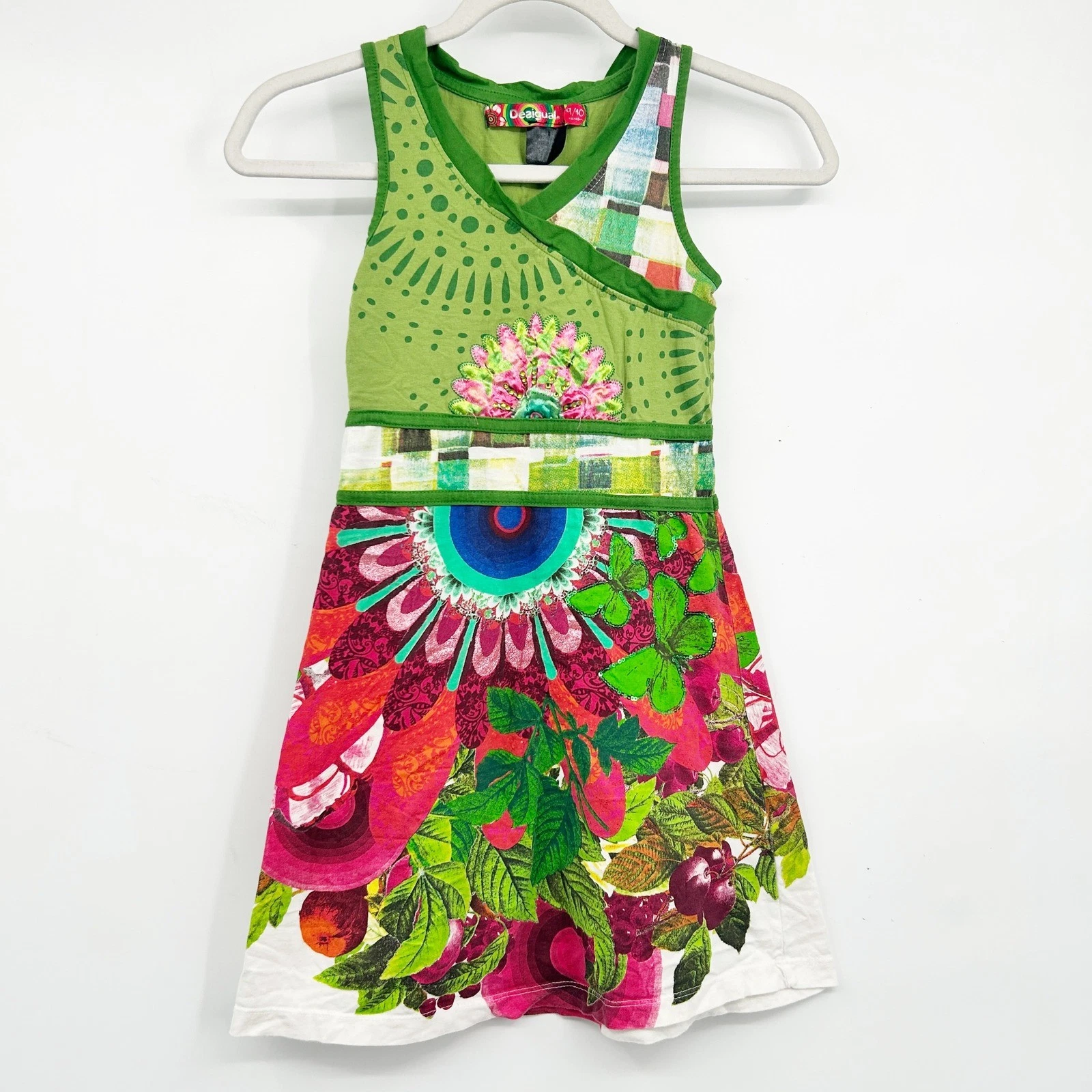 Desigual Girls Green Floral Fruit Sequin Boho Art to Wear Tank Dress Size 9/10