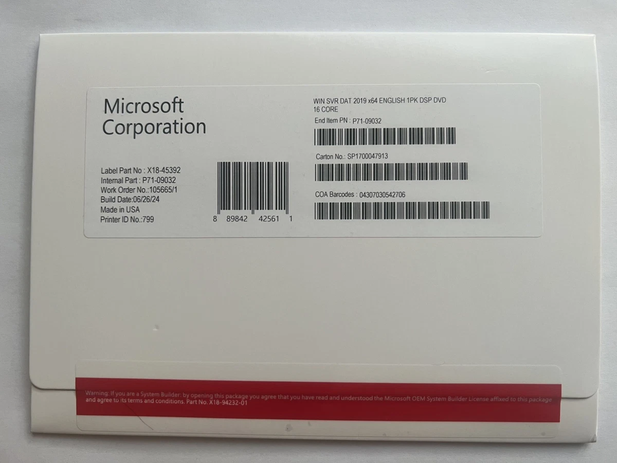 Microsoft Windows Server 2019 Datacenter 16 núcleos DVD + llave sellada