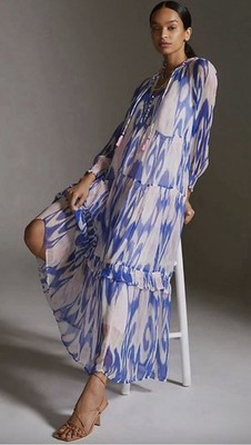 Anthropologie Marais Blue Printed Chiffon Maxi Dress Sz M Read