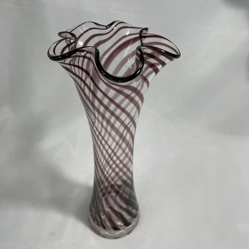 Vintage 12”  Hand Blown Murano Style Amethyst Swirl Tall Ruffled Top Glass Vase
