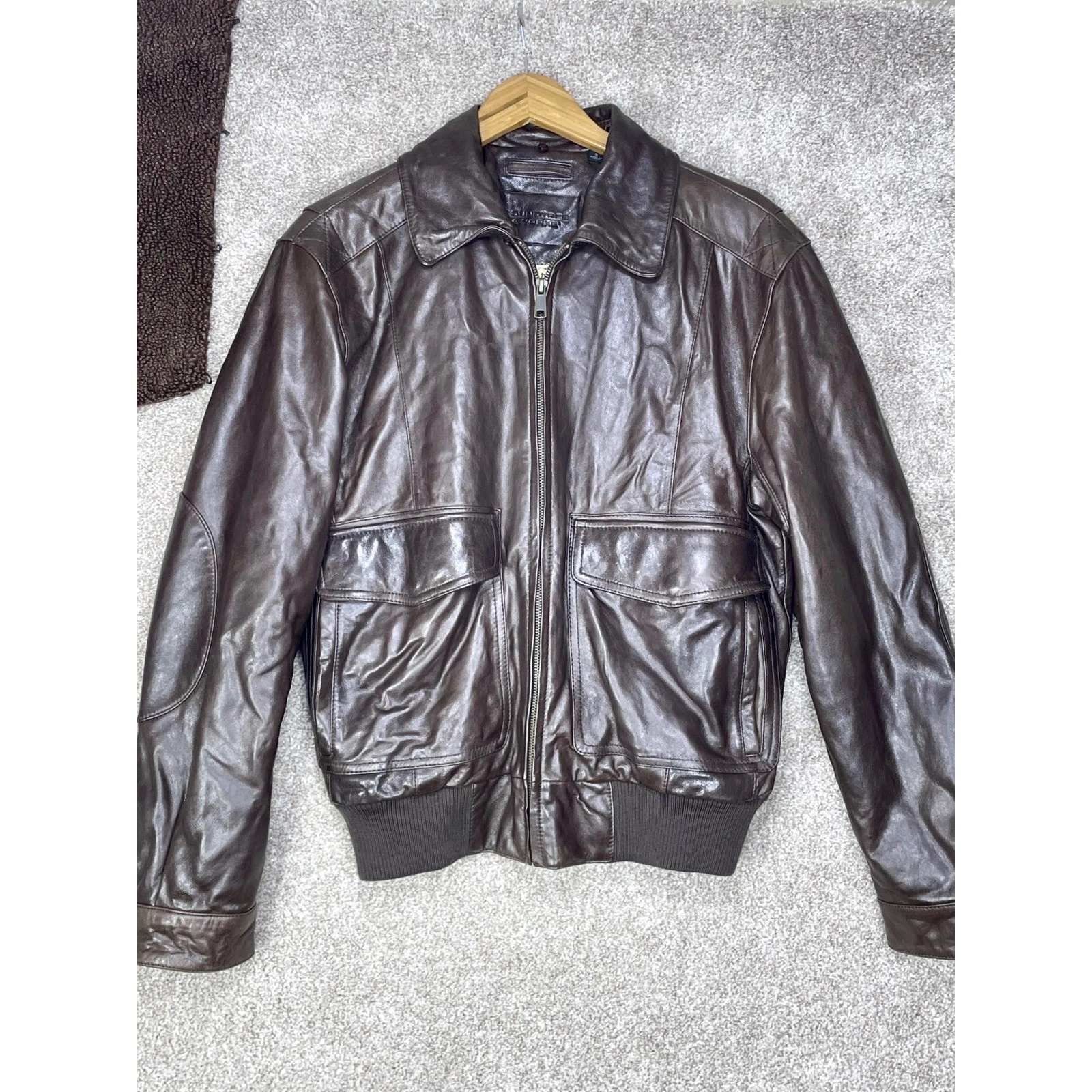 Roundtree & Yorke Lambskin Leather Bomber Jacket Mens S Brown Aviator Fur Moto - product detail image 2