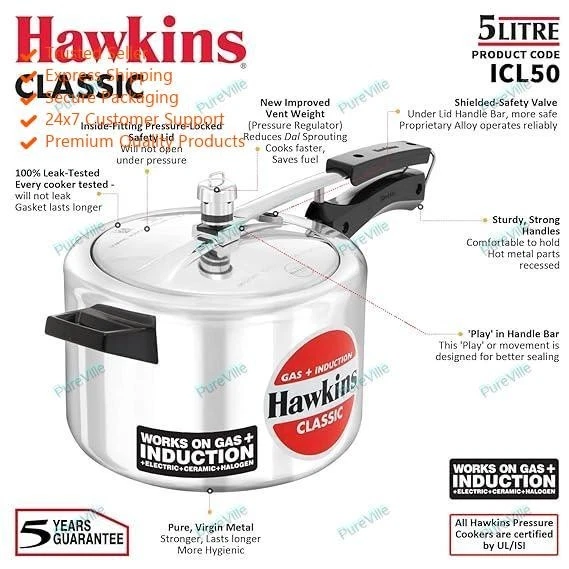 Hawkins Aluminium 5 Litre Classic Pressure Cooker, Induction Inner Lid Cooke Sil