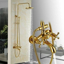 Gold Exposed Shower Faucet System 8 inch Rain Shower Head Combo with Handle Set