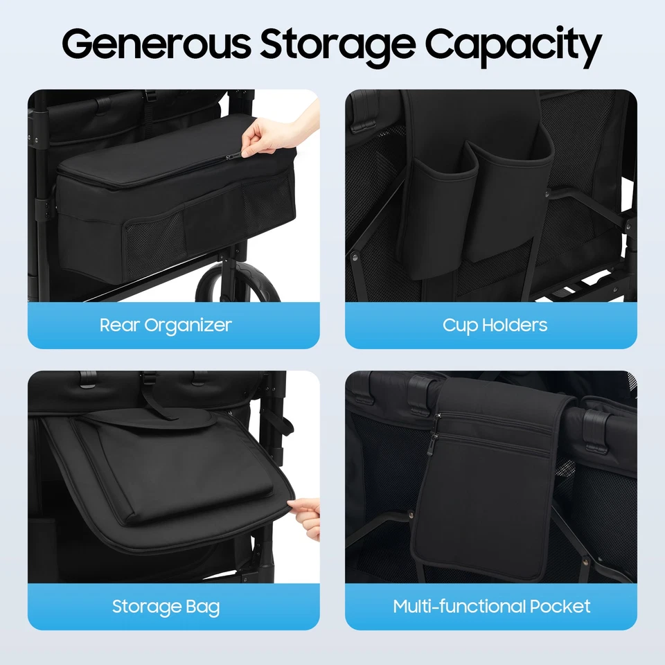 Stroller Wagon 4 Seats Quad Collapsible Stroller with Adjustable Handle & Canopy - Image 4 of 4