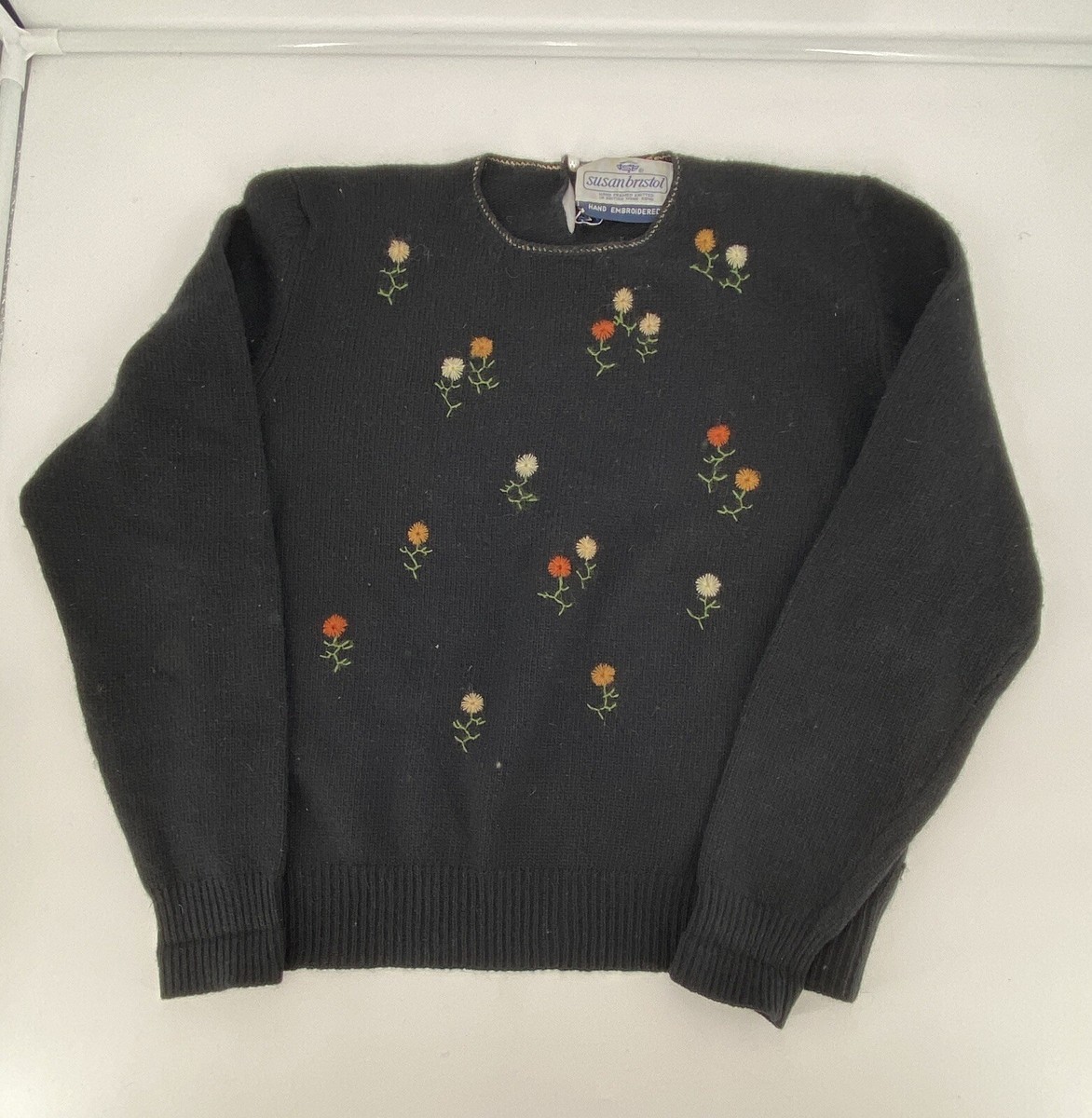 Vintage 80s Susan Bristol Embroidered Sweater Black Floral Lambs Wool  Angora 40